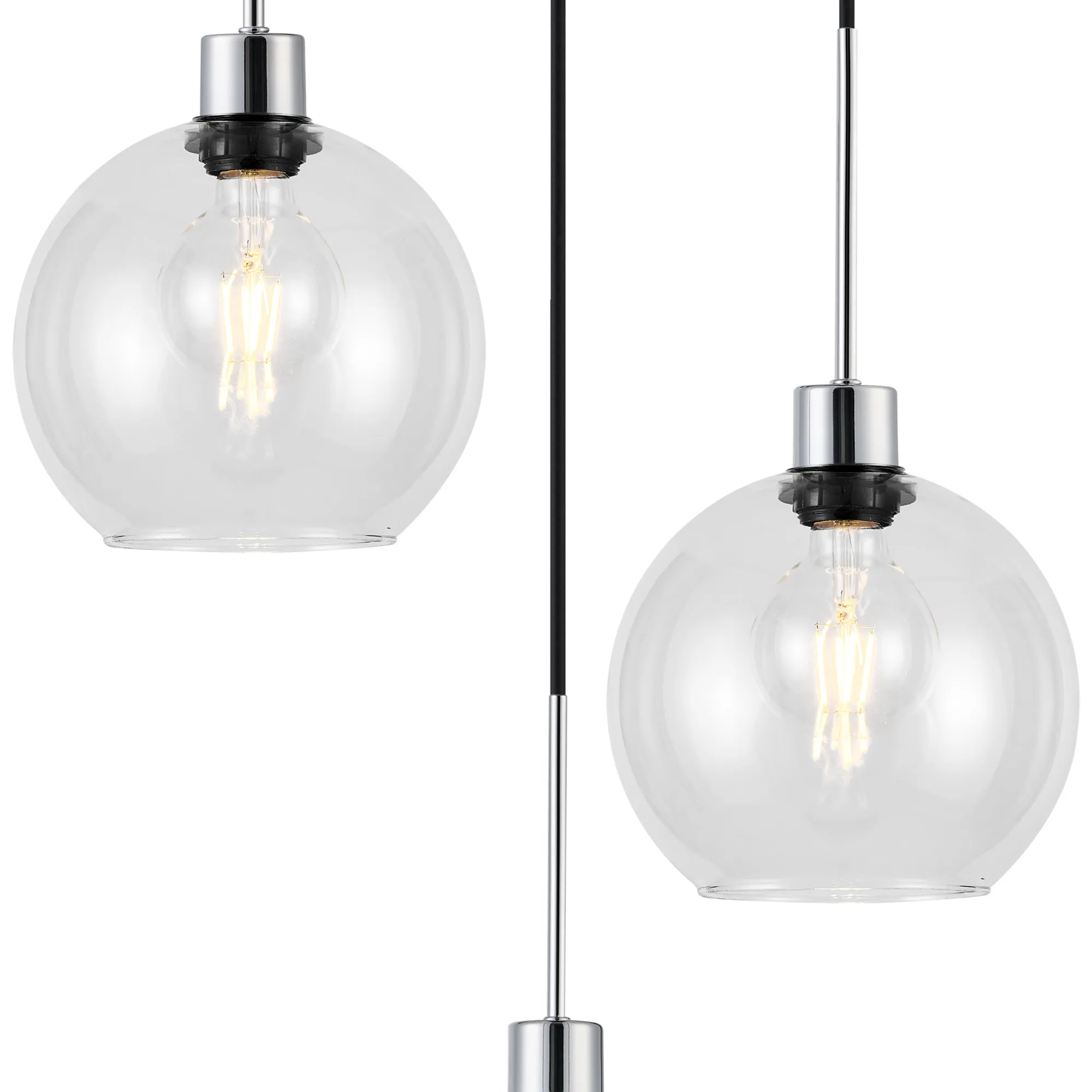Lori 40cm Round Pendant, 3 Light Adjustable E27, Polished Chrome/Clear Open Mouth Round Globe Shades DK1272  Deco Lori Polished Chrome